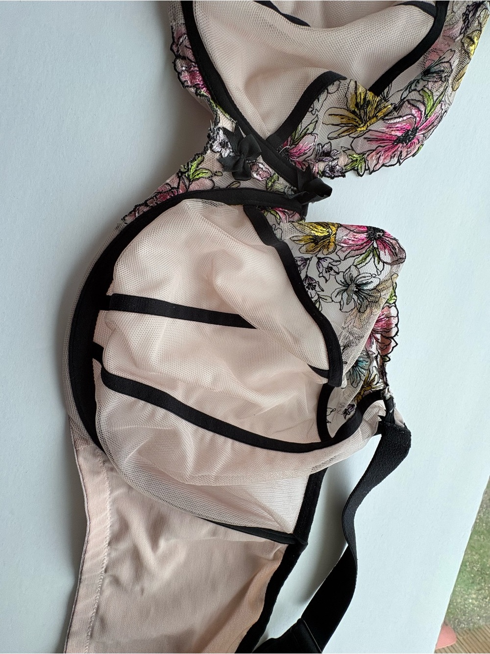 Sheer Floral Embroidered Mesh Bra - Nude with Multicolor Floral